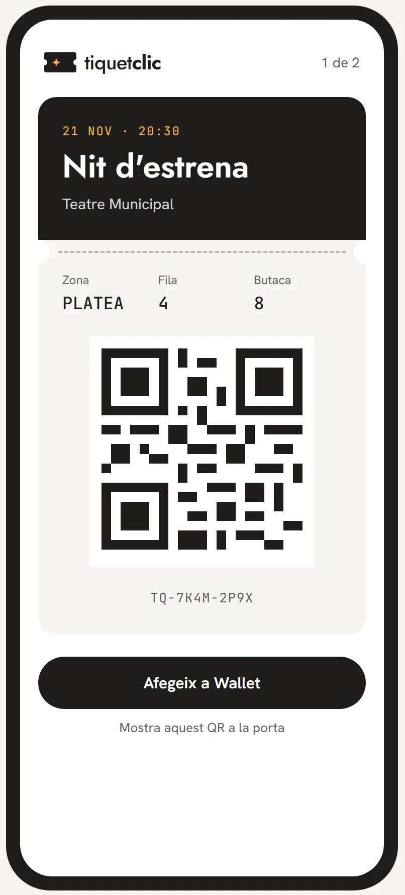 Entrada de tiquetclic al mòbil amb codi QR i botó per afegir a Wallet