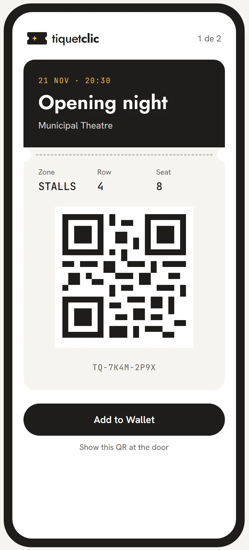 tiquetclic mobile ticket with QR code and Add to Wallet button