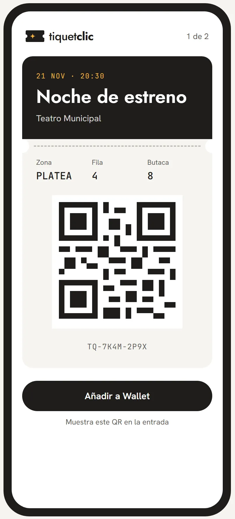 Entrada de tiquetclic en el móvil con código QR y botón para añadir a Wallet